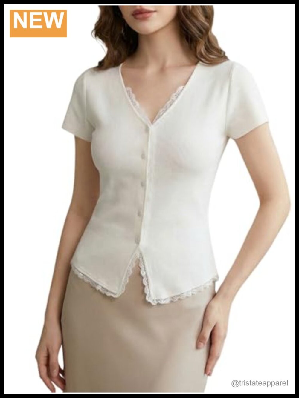 Lace Trim V Neck Button Down Short Sleeve T Shirt for Women